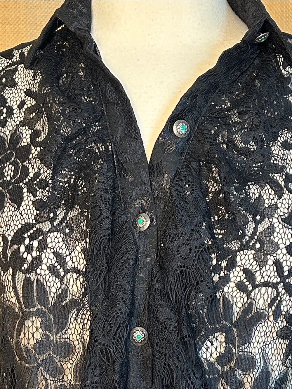 Tasha Polizzi Estate Black Sheer Lace Blouse dramatic bell cuffs Size Small - Picture 3 of 16